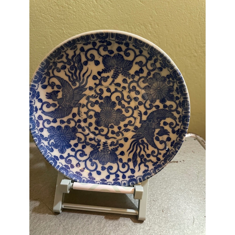 Vintage Blue and White Japanese Porcelain Phoenix Floral Saucer Made in Japan